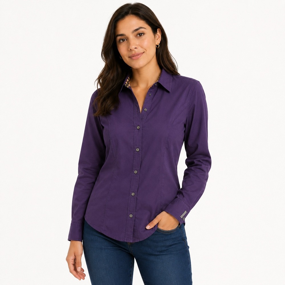 Express The Essential Shirt Womens Large Purple Leopard Trim Button Down Stretch